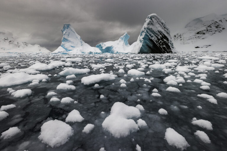 Iceberg rising above a sea of nylas ice and small ice floes covered in fresh snow, Paradise Harbour, Antarctica, Richard I'Anson